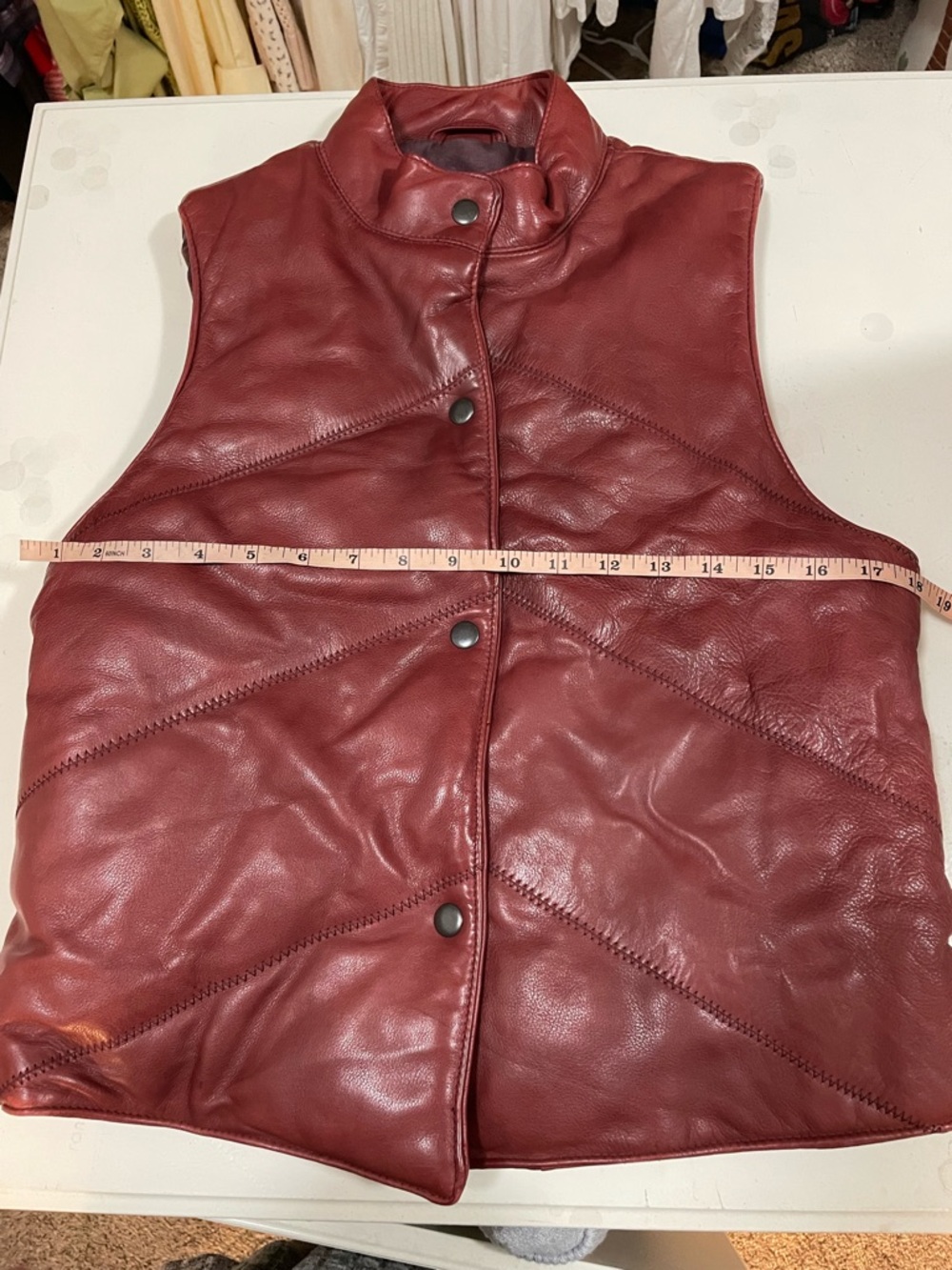 Women's Red Leather Snap-Front puffer Vest - Picture 11 of 12